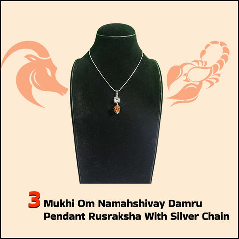 3 Mukhi Om Namah Shivay Damru Pendant Rudraksha With Silver Chain