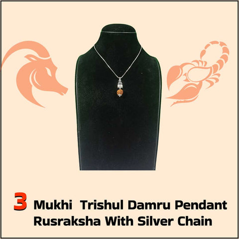 3 Mukhi Trishul Damru Pendant Rudraksha With Silver Chain