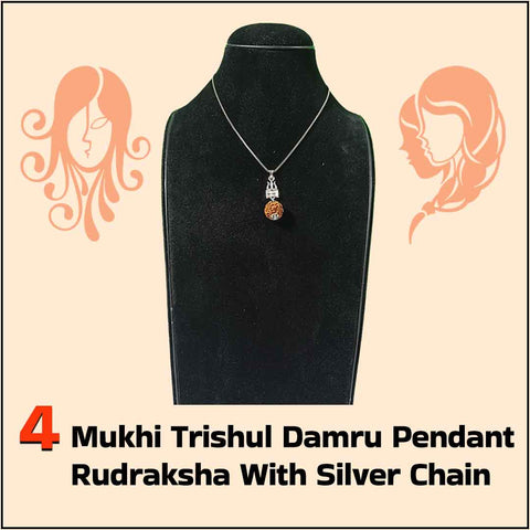 4 Mukhi Trishul Damru Rudraksha Pendant With Silver Chain