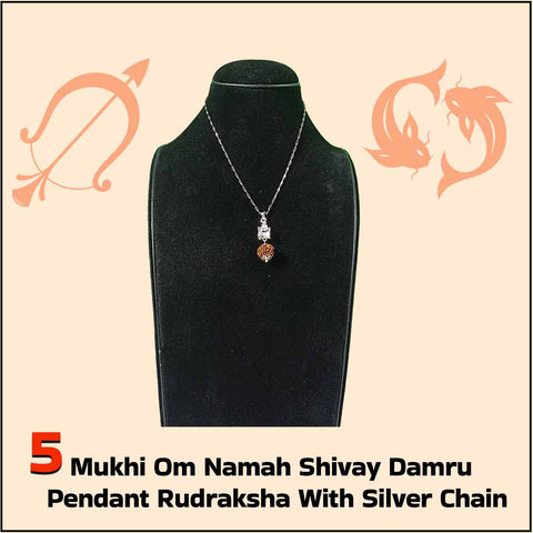 5 Mukhi Om Namah Shivay Damru Pendant Rudraksha With Silver Chain